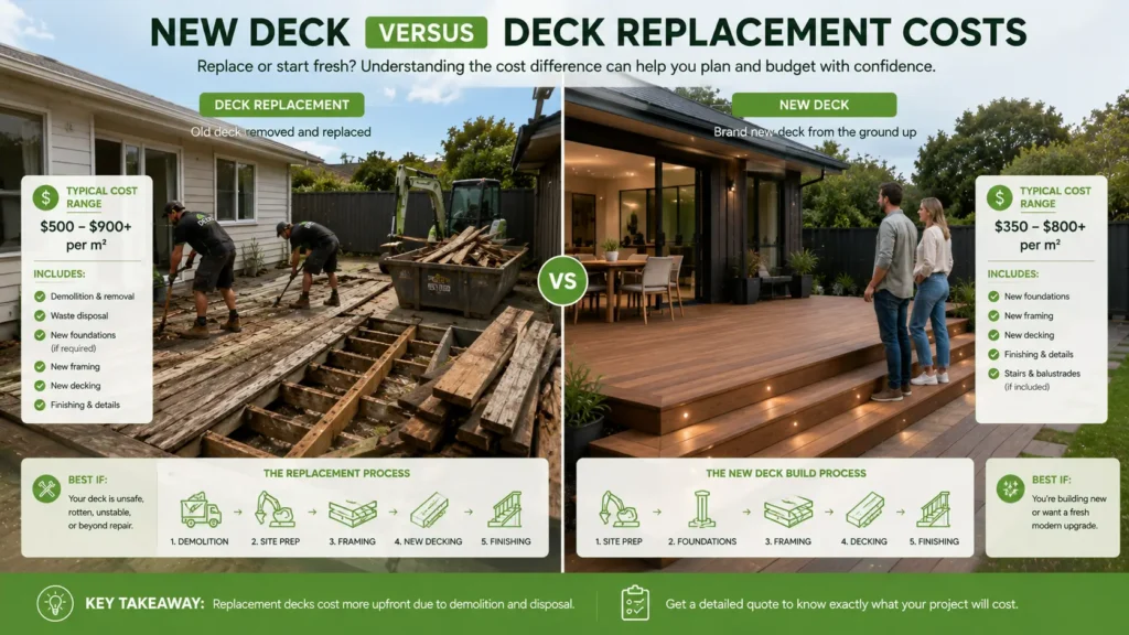 Comparison between replacing an old deck and building a brand new deck in New Zealand.
