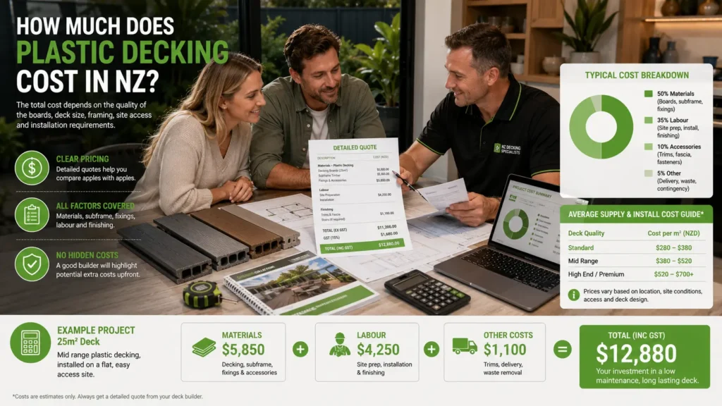 Homeowners comparing plastic decking installation costs with a deck builder