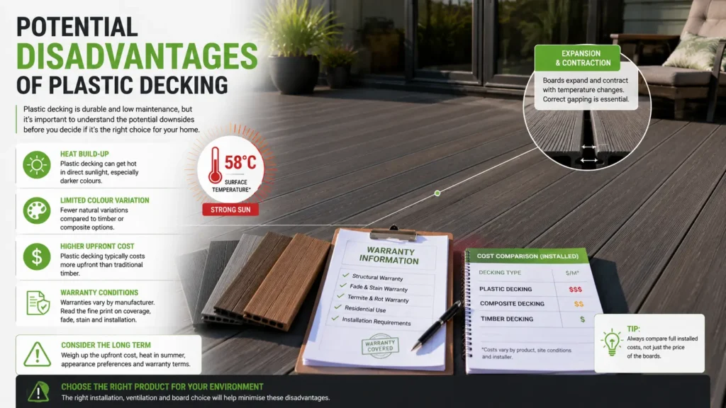Plastic decking comparison showing heat, expansion, cost and warranty considerations