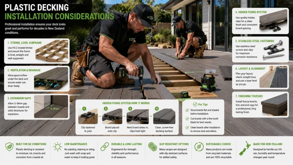 Professional installation of plastic decking on a residential New Zealand deck