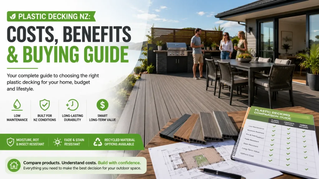 Modern plastic decking installed at a New Zealand home with landscaped outdoor entertaining area