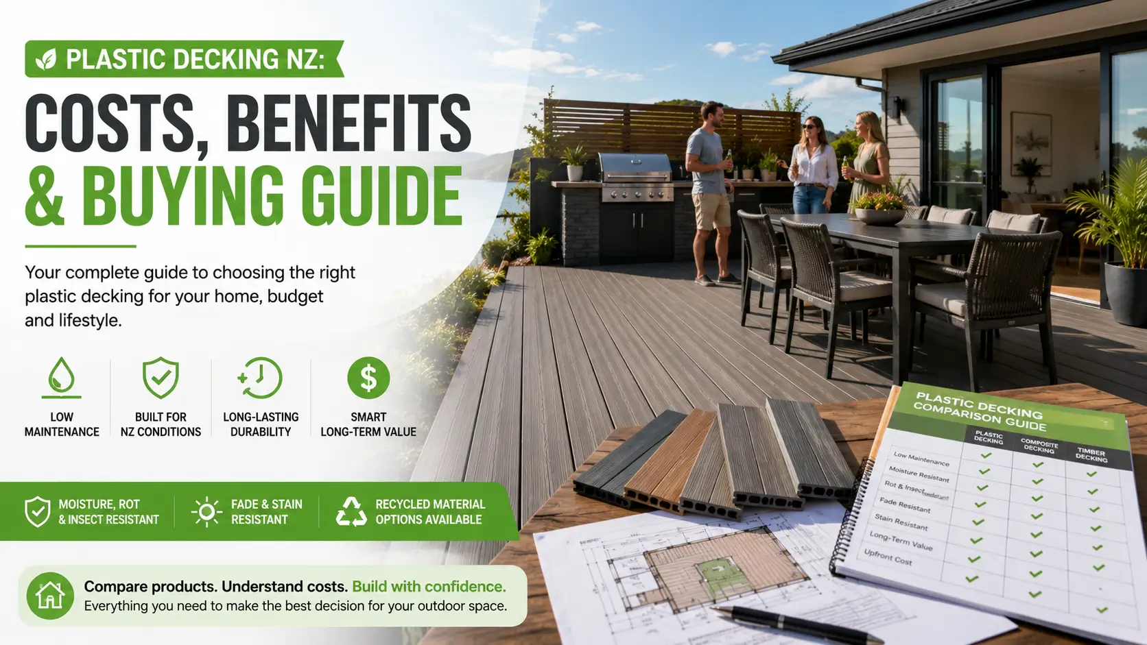 Modern plastic decking installed at a New Zealand home with landscaped outdoor entertaining area