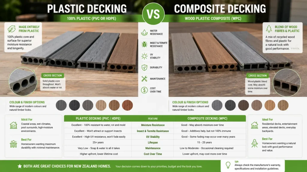 Plastic decking compared with composite decking showing material differences