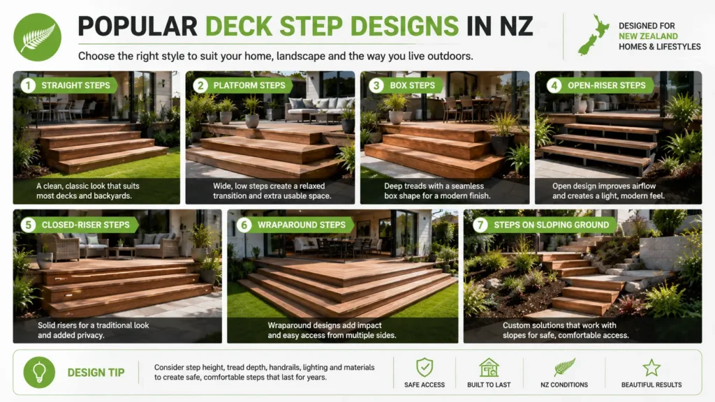 Comparison of popular deck step designs in New Zealand.
