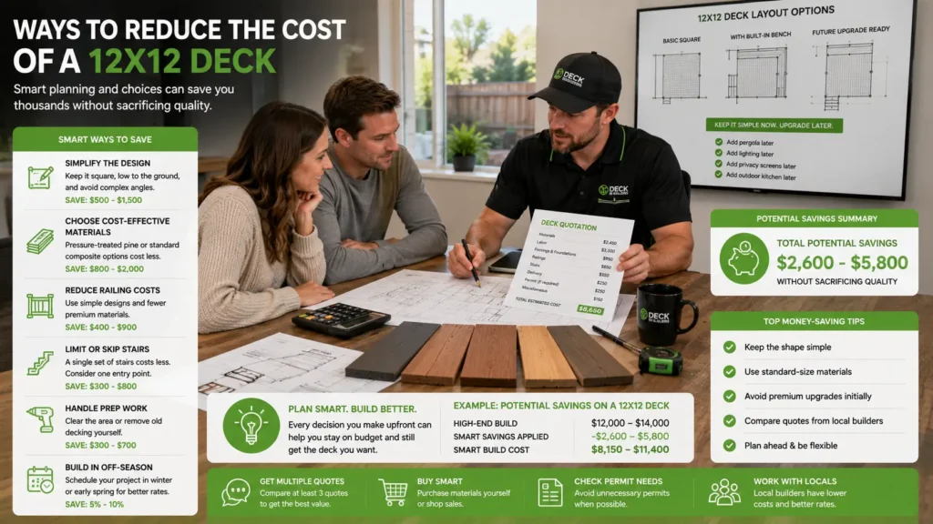 Professional consultation showing practical ways to reduce the cost of building a 12x12 deck.