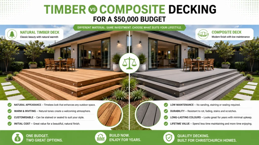Timber decking compared with composite decking for Christchurch homes.