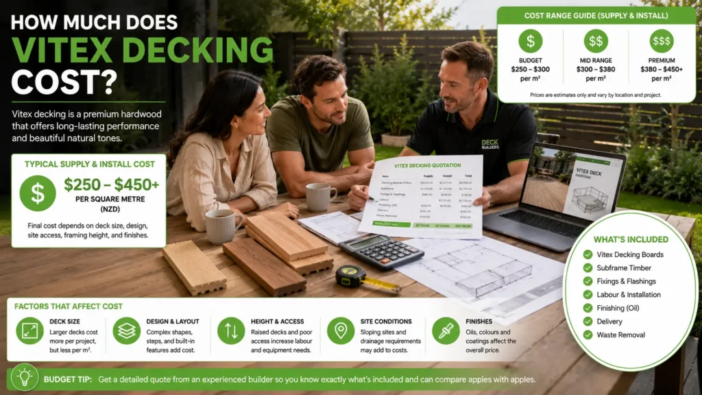 Homeowners comparing Vitex decking costs with a professional builder