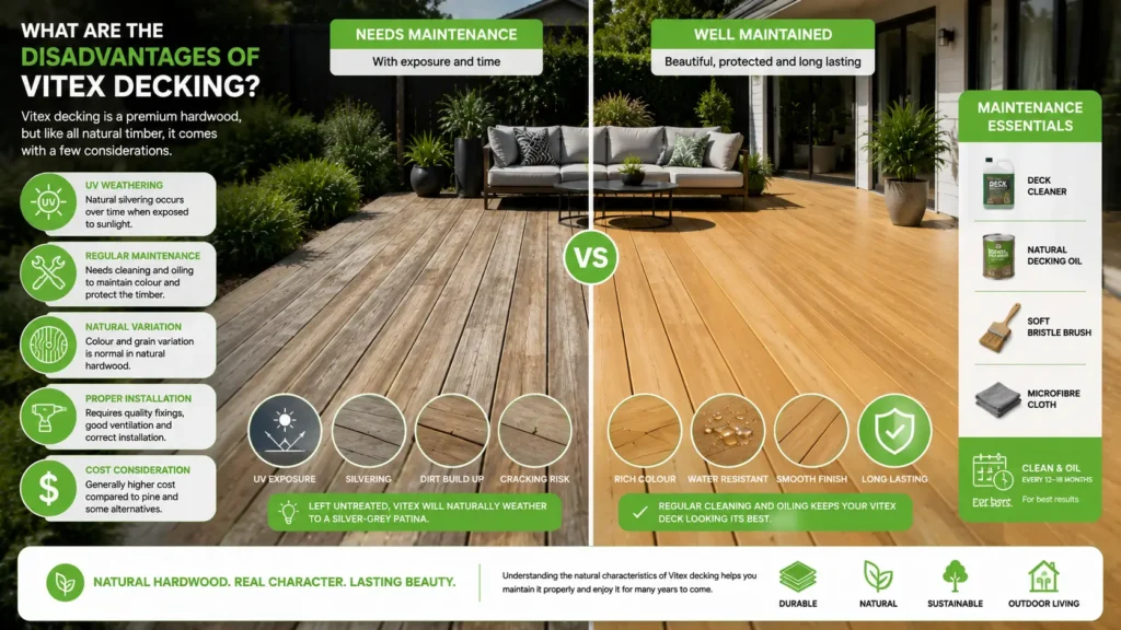 Comparison showing Vitex decking maintenance requirements and natural weathering