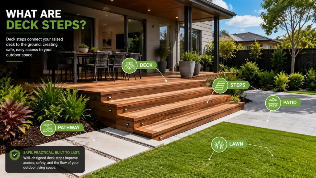 Raised timber deck with professionally built deck steps in New Zealand.