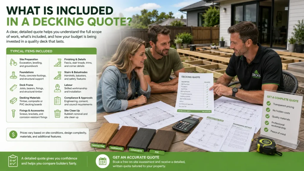 Professional deck builder explaining a detailed decking quote to homeowners in New Zealand.