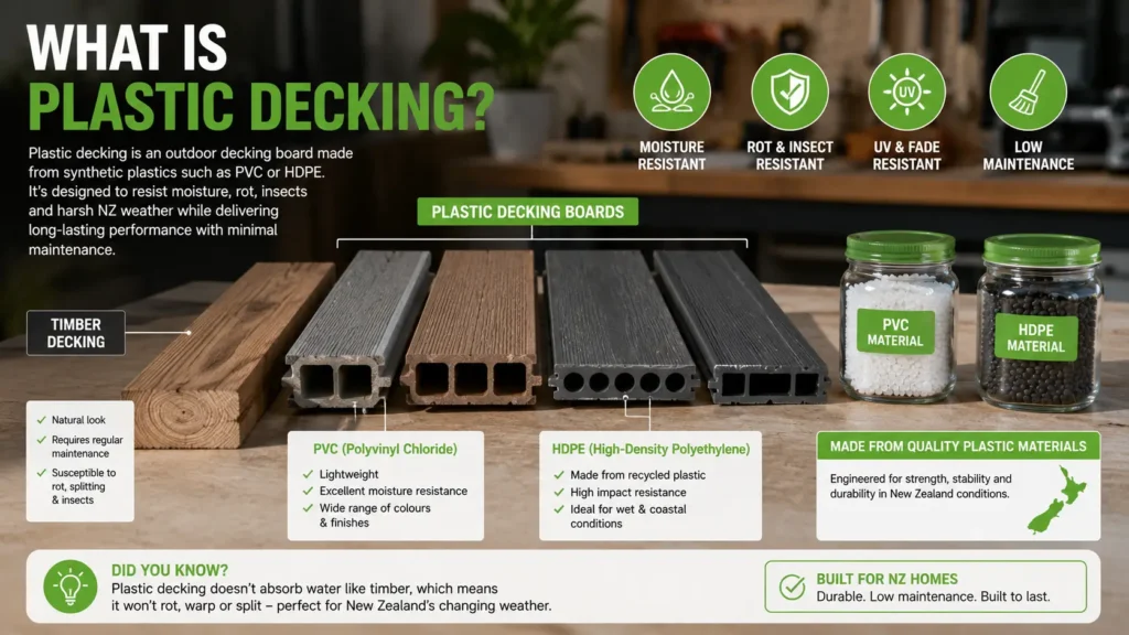 Plastic decking boards showing PVC and HDPE construction compared with timber decking