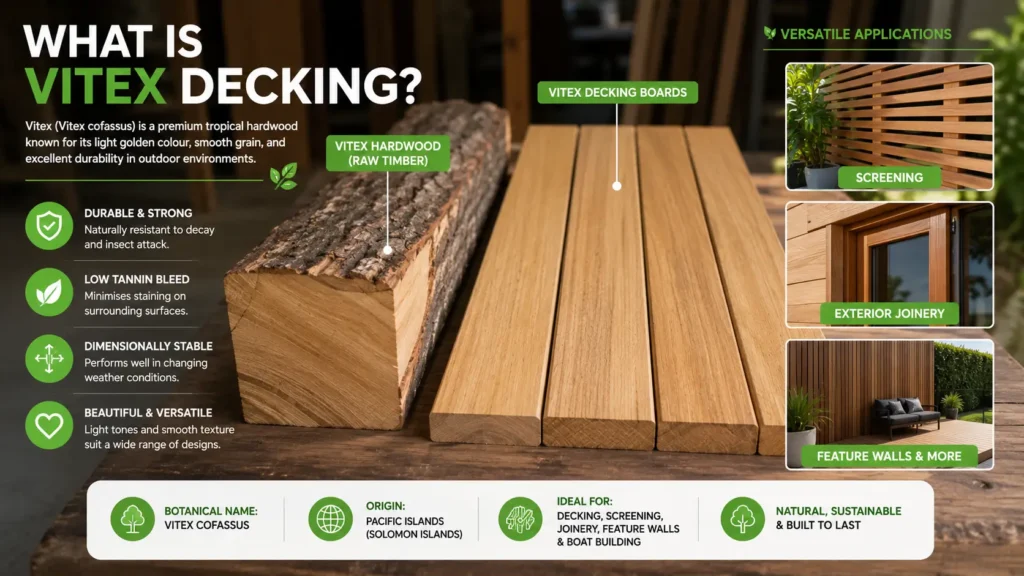 Vitex decking timber boards showing natural hardwood grain and color