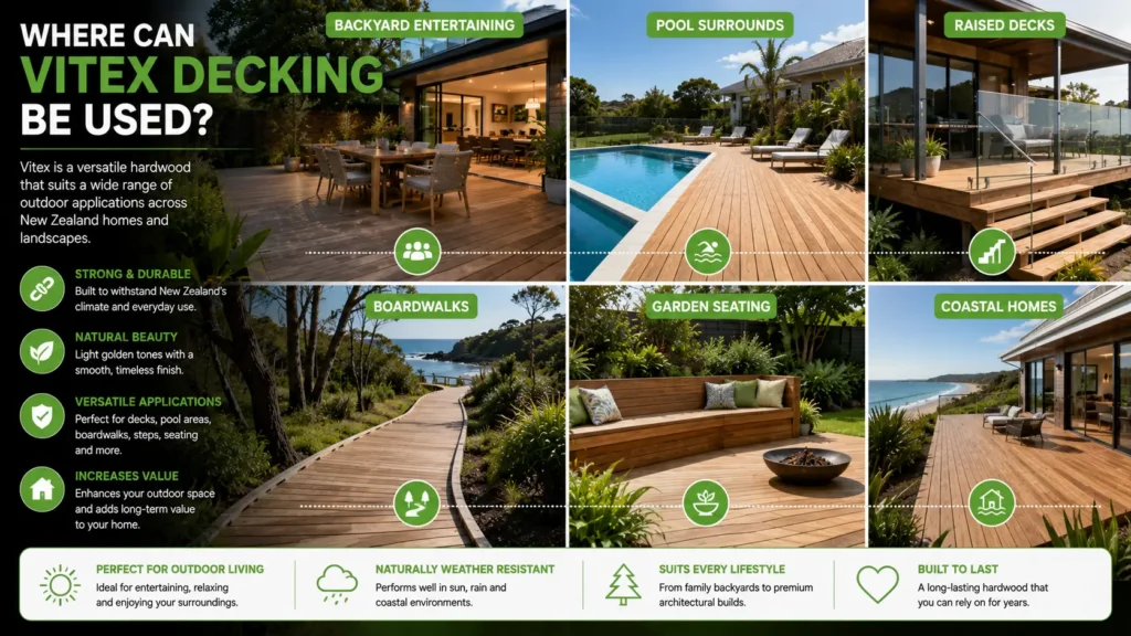 Different residential applications of Vitex decking including pools and raised decks